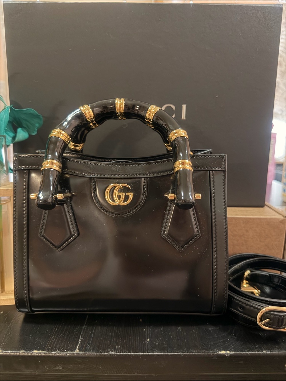 Gucci Black Patent Mini Tote with Gold Bamboo Handle